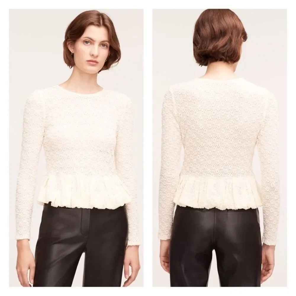 REBECCA TAYLOR Lace Peplum Top XL Antique Cream Floral Cloque Coquette Boho NWT